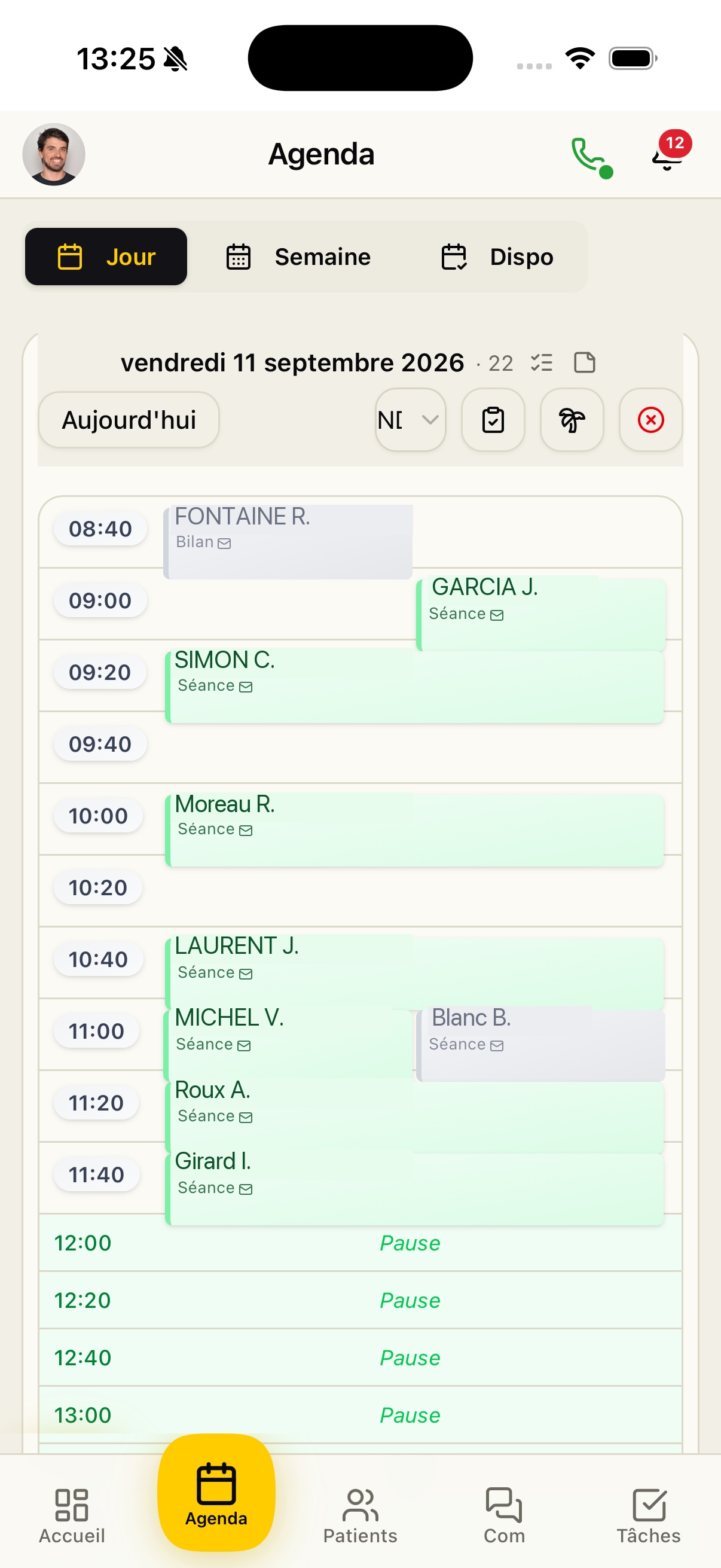 Agenda du jour dans l'app kiné