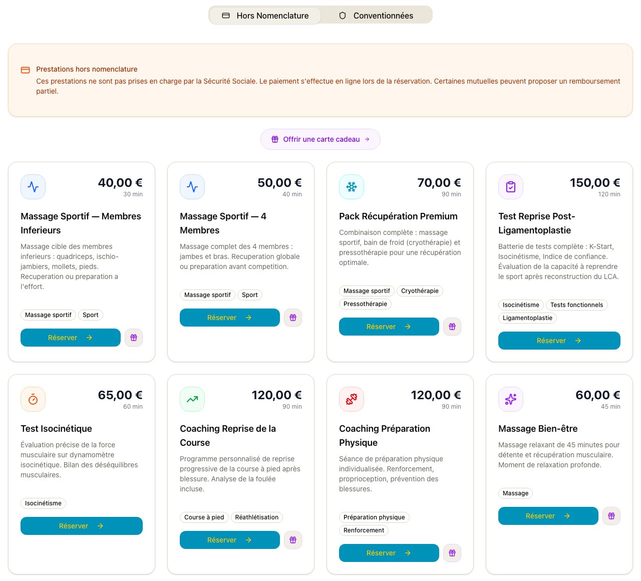 Page des prestations hors nomenclature avec prix et bouton Réserver