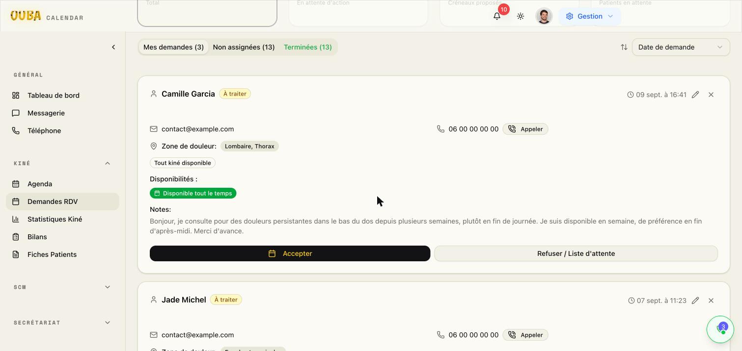 Liste des demandes de rendez-vous avec les boutons Accepter et Refuser